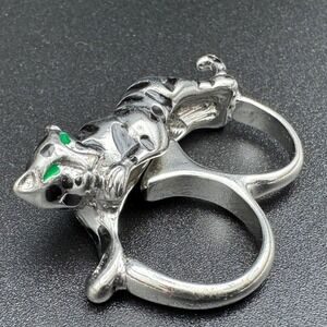 Panther Double Finger Statement Ring Silver Black Enamel Green Eyes
